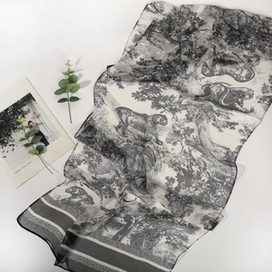 Lightweight Toile de Jouy tiger print scarf in off-white georgette with contrast borders