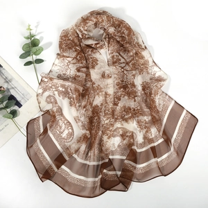 Breathable brown Georgette silk scarf with leopard and jungle Toile de Jouy pattern