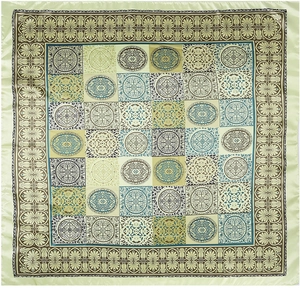 Detailed top view of 90cm satin square scarf with vintage ceramic tile print and green border