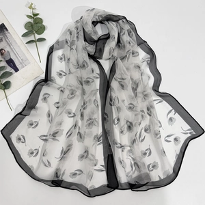 Elegant georgette long scarf with tulip print and black border on a white background
