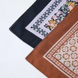 Floral print 110cm voile square scarf with vibrant patterns and overlocked edges