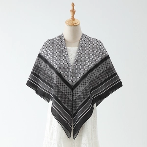 Classic 110cm black and white geometric pattern voile square scarf on a mannequin