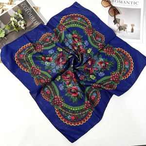 Ethnic navy square scarf with gold thread and red floral print on white background