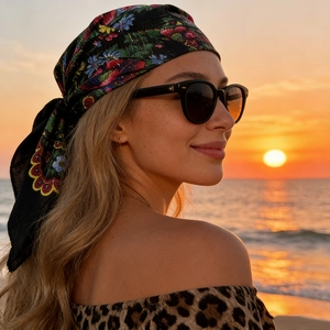 Ethnic Floral Print Square Scarf With Gold Thread Metallic Yarn For Women Bohemian Vintage Hair Bandana Headwrap Neck Scarf