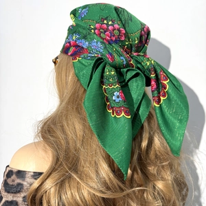 Ethnic 70cm green floral cotton square headscarf with gold thread and retro pattern