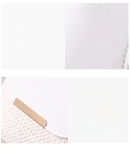 Detail of woven straw texture and white litchi leather with gold metal buckle