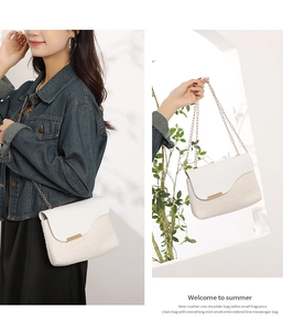 Detail of woven chain bag with contrast leather flap and gold metal strap hardware
