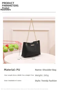 Detailed size specifications of the black chevron quilted shoulder bag with chain strap
