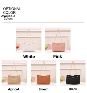 Detail view of V-quilted faux leather shoulder bags in white, pink, apricot, brown, and black