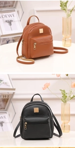 Detailed comparison of brown and black leather mini backpacks on a minimalist white table