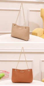 Detailed close-up showing beige and brown chain tote bags with V-shaped quilted texture