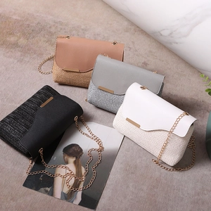 Women Stylish Woven Crossbody Bag PU Leather Flap Gold Chain Shoulder Strap Contrast Color Minimalist Handbag Daily Purse