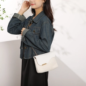 Fashionable woven crossbody bag with chain strap and gold trim on white background
