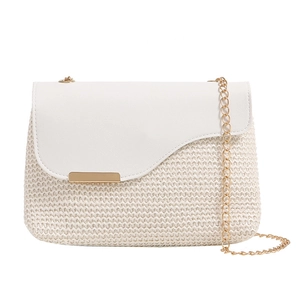 Chic cream woven crossbody bag with leather flap and elegant gold chain strap