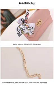 Close-up of pink handbag details with silk scarf handle and golden chain strap