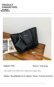 Dettaglio borsa shopper nera trapuntata a chevron con dimensioni 31cm x 12cm x 26cm