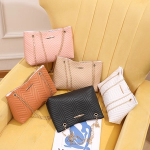 Women's Chevron Quilted PU Leather Shoulder Bag With Gold Chain Strap Elegant Minimalist Crossbody Tote Bag For Daily Shopping