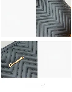 Dettaglio della pelle trapuntata a chevron nera e del logo in metallo dorato sulla borsa