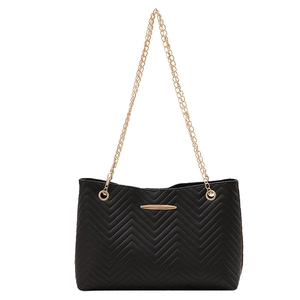 Elegant black quilted PU leather shoulder bag with gold chain strap and metal detail