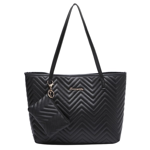 Borsa tote nera trapuntata a chevron per donna con logo dorato e mini astuccio coordinato
