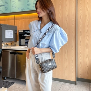 Fashionable retro checkerboard mini crossbody bag with wide printed nylon shoulder strap