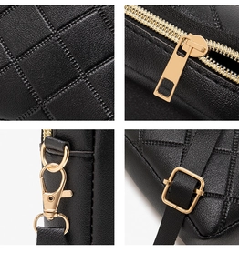 Detailed views of black quilted texture and premium gold metal hardware on the shoulder bag