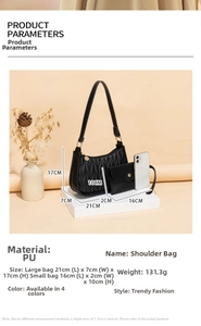 Detail view of quilted black PU shoulder bag with matching coin purse and size guide