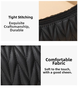 Detailed view of black geometric quilted texture and precise stitching on shoulder bag