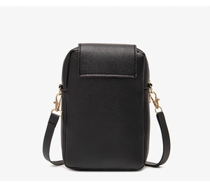 Detailed close-up of a black textured leather crossbody phone bag with gold metal hooks