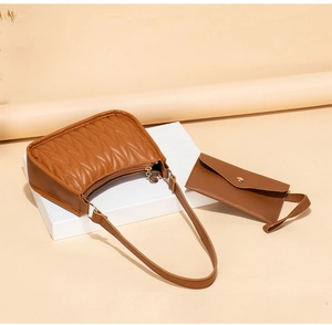 Brown quilted faux leather underarm bag set with matching coin purse and zipper