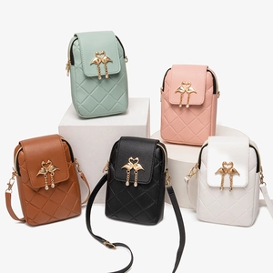 Women's Quilted PVC Mobile Phone Bag Diamond Pattern Crossbody Small Square Bag With Gold Bird Charm Fashion Shoulder Bag