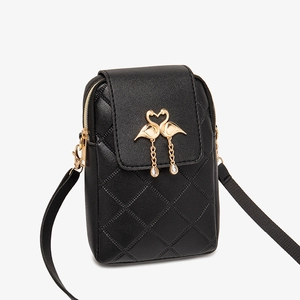 Black quilted crossbody mobile phone bag with golden flamingo charm and adjustable strap