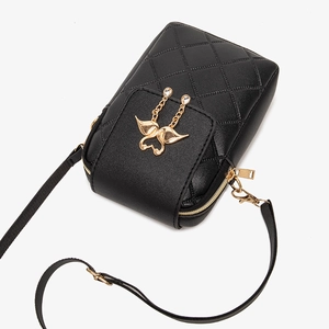 Quilted black PU leather crossbody phone bag with gold swan pendant decoration