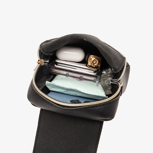 Black pebbled leather crossbody phone bag with internal compartments for essentials