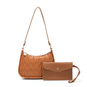 Brown quilted faux leather hobo shoulder bag and envelope clutch two-piece handbag set