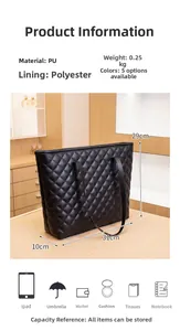 Detailed infographic of black quilted tote bag showing dimensions and material specifications