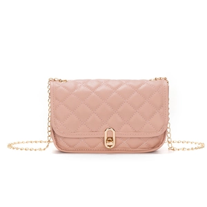 Pink quilted crossbody bag with golden chain strap and oval twist lock closure