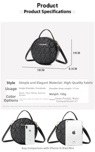 Size chart showing 18x19x8.5cm vintage round bag with iPhone X and iPad mini comparison