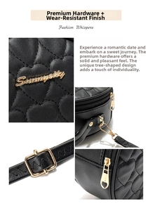 Detailed macro view of heart quilting pattern and gold-tone metal hardware on the black bag