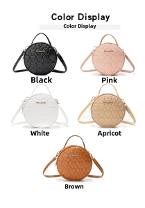 Quilted round crossbody bags in black, pink, white, apricot, and brown colors