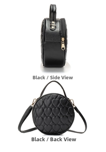 Side and back view of a black round quilted crossbody bag with heart patterns