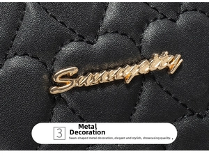 Close-up of black leather bag with heart quilting and golden Sunnycity metal logo