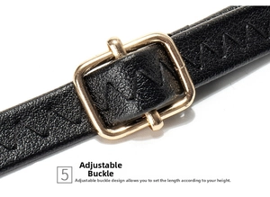 Detail of black faux leather strap featuring golden square buckle and zigzag stitching