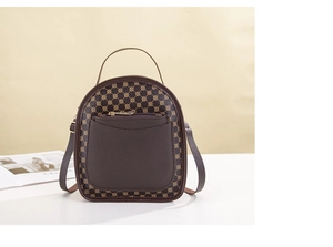 Detail of vintage brown mini backpack with geometric pattern and gold zippers