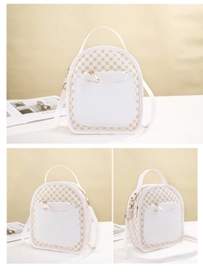 Detailed views of a white mini backpack featuring golden geometric prints and metal zippers