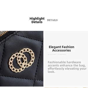 Close-up of black quilted leather texture and shiny golden double-ring hardware on the purse