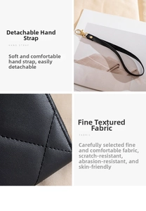 Detail of detachable wrist strap with gold buckle and black quilted rhombic leather