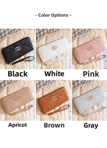 Women's long quilted wallets with gold ring logo in six colors including black and beige