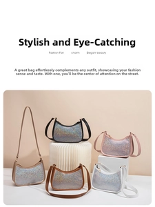 Glittery crescent handbags in various colors displayed on white geometric props