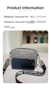 Detail view of printed PU leather crossbody bag with adjustable wide strap and size specs